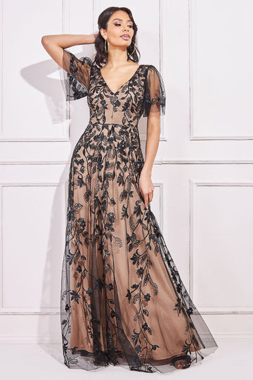 Flared Sleeve Embroidered Maxi Dress City Goddess